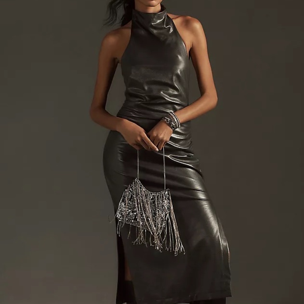 Anthropologie Maeve Halter Slim Ruched Metallic MIDI Dress-Size XXS
